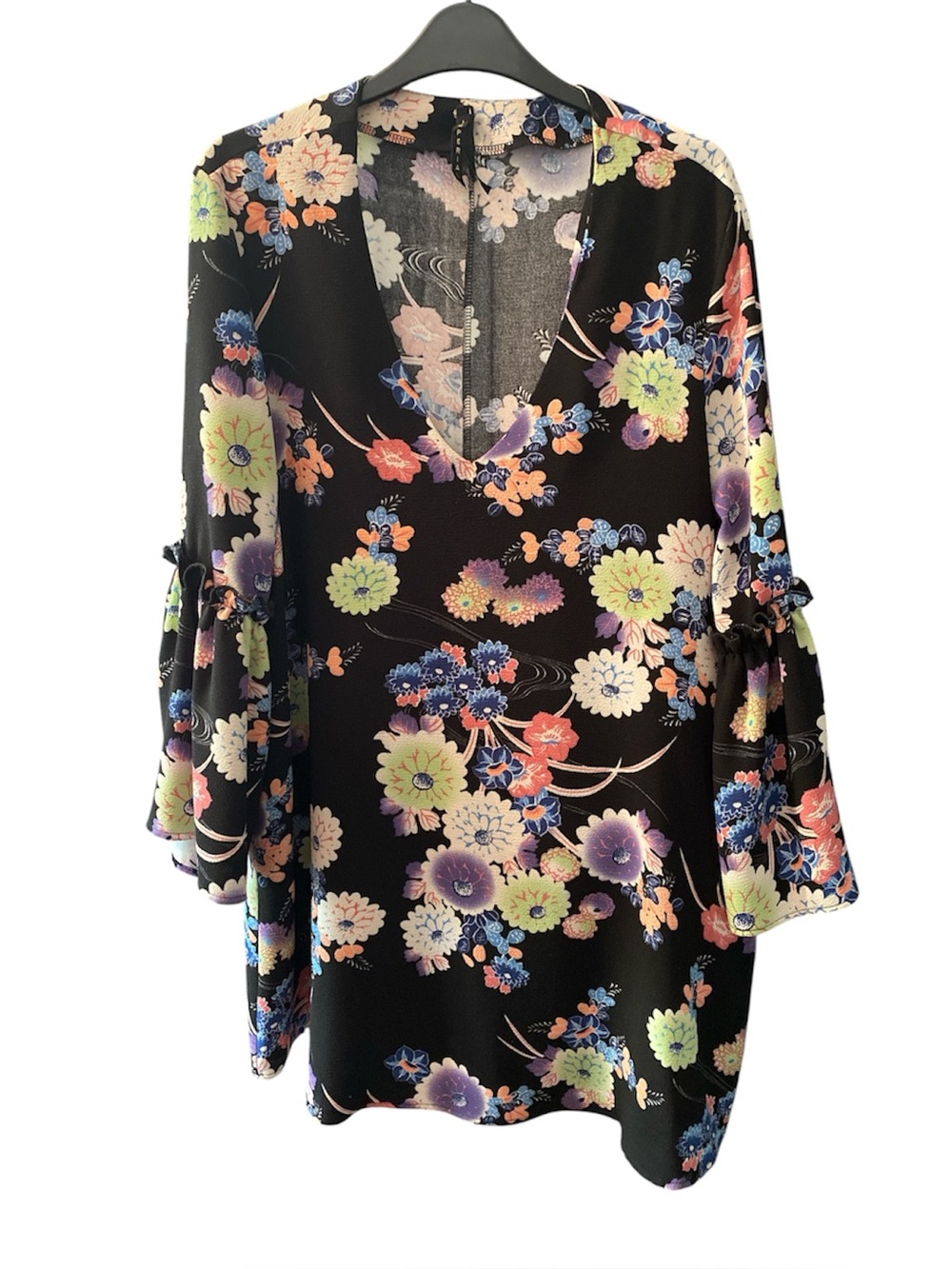 Imperial Black V Neck Floral Print Dress with Bell Sleeves Size 12
